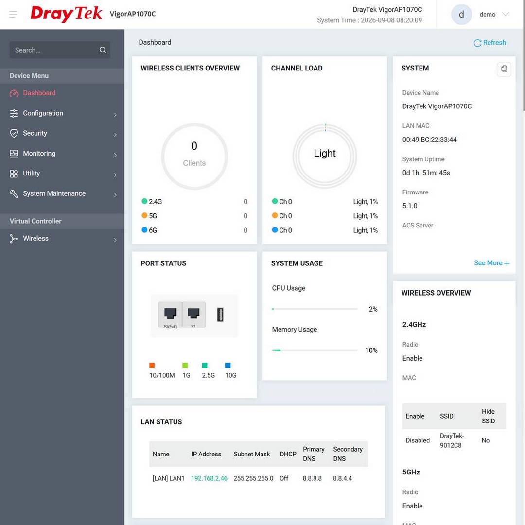 Web User Interface точки доступу DrayTek VigorAP 1070C